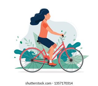 Happy woman with a bike in the park. Vector illustration in flat style, concept illustration for healthy lifestyle, sport, exercising.