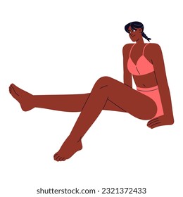 Happy woman in bikini relaxing on summer holiday. Suntanned young girl in swimsuit, swimwear sitting, resting on summertime vacation. Flat vector illustration isolated on white background