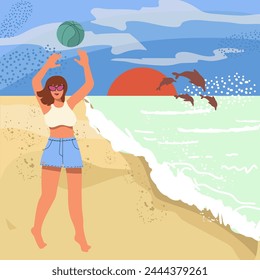 Glückliche Frau im Bikini und Shorts, die einen Ball wirft. Junge Mädchen genießen Sommerurlaub, glücklich am Strand. Frau im Badeanzug. Flache Vektorillustration isoliert auf weißem Hintergrund