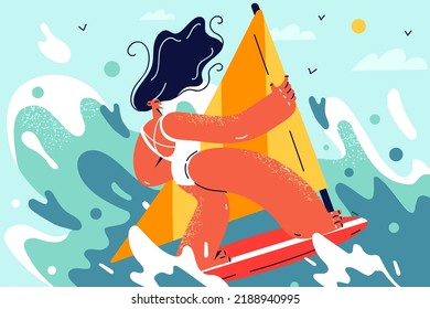 Mujer feliz navegando en bikini a bordo en el mar. Una chica sonriente y activa se divierte en el windsurf en las vacaciones de verano. Actividad en verano. Ilustración vectorial. 