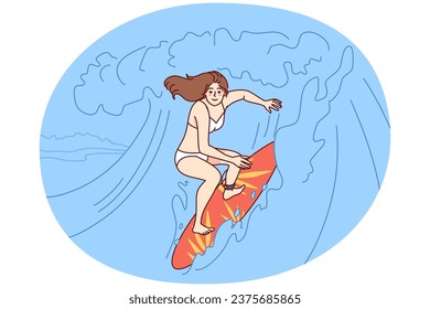 Happy woman in bikini surfing on waves in ocean on board. Smiling active female surfer have fun enjoy summer vacation. Vector illustration.