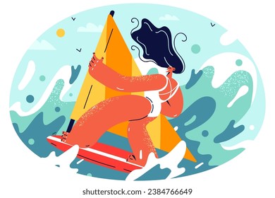 Happy woman in bikini surfing on board in sea. Smiling active girl have fun windsurfing at summer holidays. Summertime activity. Vector illustration.