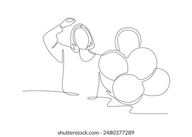 Happy woman with birthday balloons. Birthday concept one-line drawing