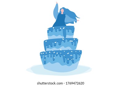 Happy woman in birthday cake. Vector illustration for web banner, infographics, mobile. 