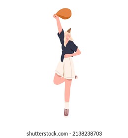 Happy woman, birthday girl, holding balloon in hand and rejoicing. Joyful person in party cap, hat celebrating holiday. Excited positive female. Flat vector illustration isolated on white background