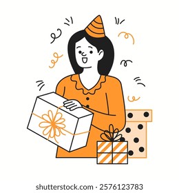 Happy woman with birthday presents orange color linear icon. Lady with party cone excited of holiday presents character doodle simple illustration