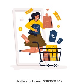 A happy woman Black Friday shopping promotion sale vector illustration