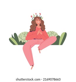 A happy woman blooms from within. Cartoon character. Self help concept. Friendly attitude towards yourself. Psychological help. Vector illustration on a white isolated background.