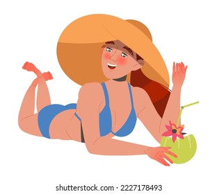 Happy Woman in Blue Swimsuit and Wide Brimmed Hat Lying on Beach with Cocktail Enjoying Summer Vacation and Seaside Rest Vector Illustration