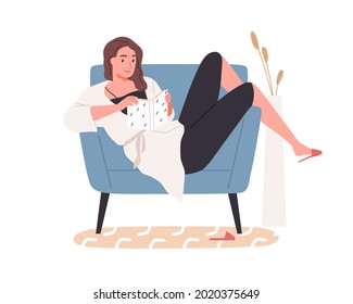 Happy woman with book resting in armchair at leisure time. Smiling relaxed person enjoying literature at home. Reading hobby. Flat vector illustration of novel reader isolated on white background