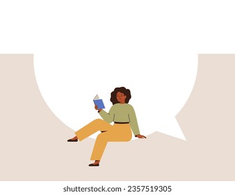 Happy Woman with book sits on the big empty speech bubble. Girl is on the large frame online message and reading something. Business female sharing her opinions. Education concept. Vector illustration