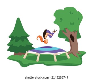 Happy woman bouncing on trampoline in the woods or backyard, flat vector illustration isolated on white background. Summer activities and sport concepts.
