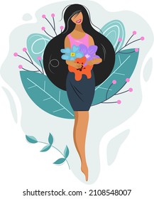 Happy woman with a bouquet of bright flowers. Concept for Mother's Day, Valentine, March 8, Women's Day. Cute girl with flowing hair, big leaves around. Flat vector isolated. Template, postcard, web