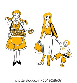 Happy woman with boy holding shopping paper bags. Mother and child son purchase in shop, supermarket. Family buy holiday Oktoberfest pretzel. Cartoon hand drawn line flat vector illustration isolated