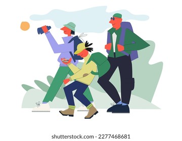 Happy woman, boy and man tourists walking with bags, binoculars. Colored flat vector illustration of travelers isolated on white background