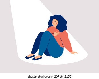 Happy woman brings a light into her inner world. Mindfulness to yourself.  Introspection and Self-acceptance concept.  Vector illustration