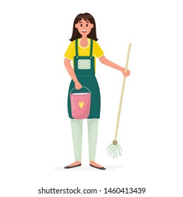 Happy woman with a bucket of water and a mop. Cleaning service character. Vector illustration