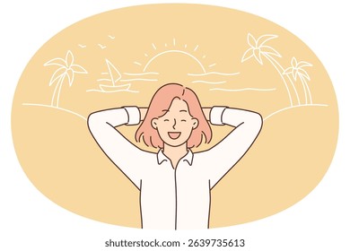 Happy woman in business clothes stands on sea beach with palm trees and sunny sunset during summer vacation. Businesswoman tourist dreams of going on summer weekend to hot resort with ocean