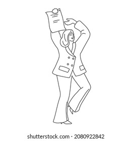 Happy woman in business suit with document in her hand. Graduation, successful career, advanced training, new contract. Education and business. Contour illustration with character