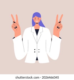 A happy woman in a business suit shows the peace sign. The victory gesture. V sign. Colorful flat vector illustration on isolated background. Eps 10.