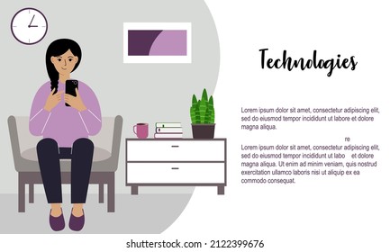 Happy woman is busy with a mobile phone, sitting in a chair. Rest and work at home. Vector flat illustration