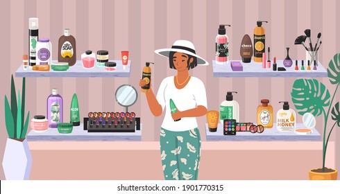 Happy Woman Buyer Holding Hair Shampoo And Aloe Vera Gel Cosmetic Bottles, Flat Vector Illustration. Cosmetics Store Interior. Hair, Face And Body Skincare, Makeup And Beauty Products On Shelves.