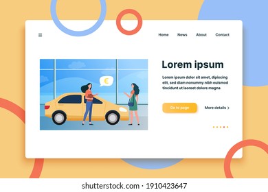 Happy woman buying new car in automobile store. Retail, vehicle, sale flat vector illustration. Transport and marketing concept for banner, website design or landing web page