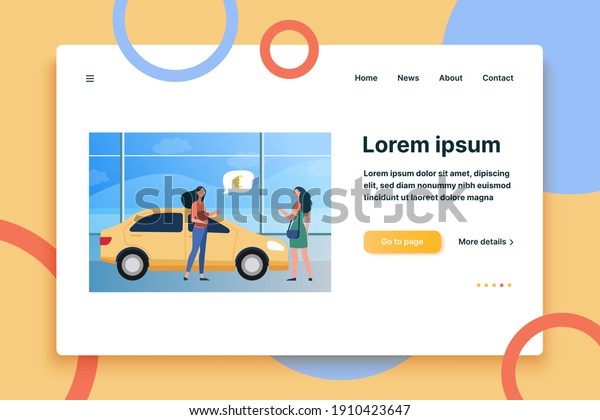 Happy woman\
buying new car in automobile store. Retail, vehicle, sale flat\
vector illustration. Transport and marketing concept for banner,\
website design or landing web\
page