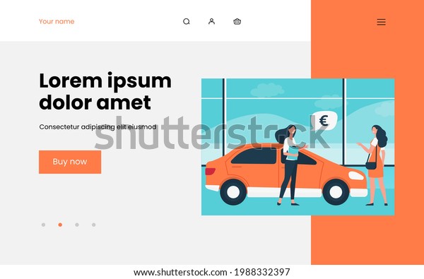 Happy woman\
buying new car in automobile store. Retail, vehicle, sale flat\
vector illustration. Transport and marketing concept for banner,\
website design or landing web\
page