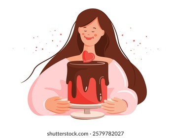 Happy Woman and Cake with Red Heart. Happy Valentine's Day. Baking, Dessert, Pastry, Cooking, Sweet Product, Confectioner. International Cake Day. Vector illustration for cards, food blog, poster