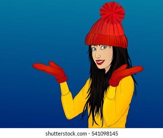 Happy woman in a cap and mittens show gesture with both hands at empty copy space blue background. The open palm. Wow. Vector illustration. Pop art style