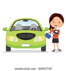 Happy woman with a car. Vector illustration of a cheerful young woman standing beside her car.