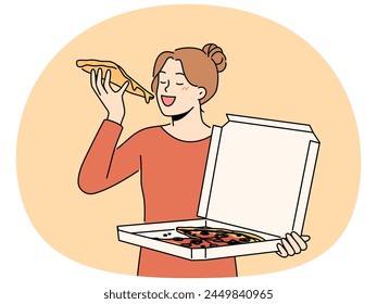 Happy woman with cardboard delivery box eating tasty pizza. Smiling girl enjoy Italian fastfood from restaurant delivery. Vector illustration.