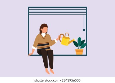 Happy woman caring about interior potted plants. Home gardening and growing houseplants concept. Colored flat vector illustration isolated. 