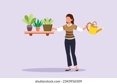 Happy woman caring about interior potted plants. Home gardening and growing houseplants concept. Colored flat vector illustration isolated. 