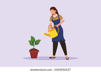 Happy woman caring about interior potted plants. Home gardening and growing houseplants concept. Colored flat vector illustration isolated. 