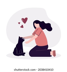 Happy woman caring and loving pet. Cartoon girl hugging cute cat. Female character care and hug kitty. Home pet and animal care concept. Lady isolated on white background. Flat vector illustration