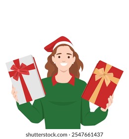 Happy woman carry presents wrapped in boxes for Xmas and New Year. Flat vector illustration isolated on white background