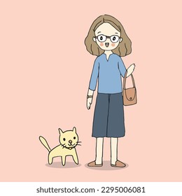Happy woman carrying bag standing and cat  drawing style vector illustration
