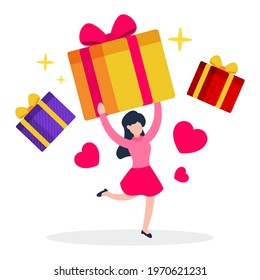 Happy woman carrying a big colorful present box. The creative idea of earning a reward, gift, or prize. Concept of celebration. Trendy cute cartoon character vector flat style illustration.