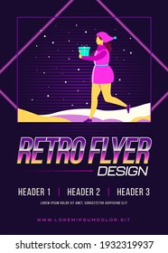 Happy woman carrying gift box on snowy street. Gift, winter, Christmas flat vector illustration. Celebration and holiday concept for banner, website design or landing web page