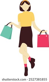 Happy Woman Carrying Shopping Bags Illustration. Vector Character in Flat Cartoon Design