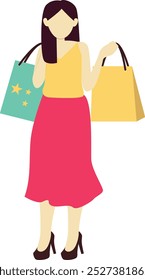 Happy Woman Carrying Shopping Bags Illustration. Vector Character in Flat Cartoon Design