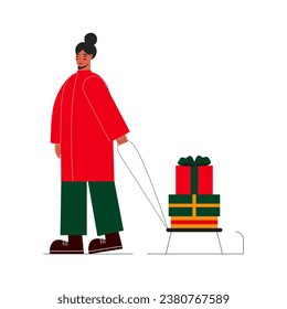 Happy Woman carrying wrapped gift boxes vector flat illustration. Young Woman preparing presents for Christmas and New year. 