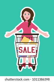 Happy woman with a cart in a flat style. Advertising poster. Vector illustration