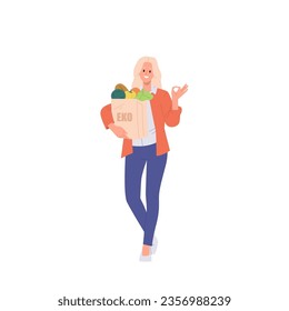 Happy woman cartoon character carrying eco-friendly shopping bag with groceries isolated on white