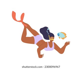 Happy woman cartoon character snorkeling with mask and floppers exploring underwater wildlife