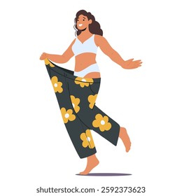 Happy woman cartoon character wearing large pajamas pants rejoicing weight loss and sliming with body change after sports training and dieting vector illustration isolated on white background