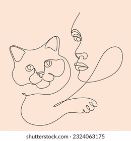 Happy Woman with Cat line art. Female Character Caring of Pet Kitten. Communication, Love, Care of Animals Concept. Friendship between Human and animals. Continuous Line drawing Vector Illustration