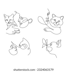 Happy Woman with Cat line art. Female Character Caring of Pet Kitten. Communication, Love, Care of Animals Concept. Friendship between Human and animals. Continuous Line drawing Vector Illustration